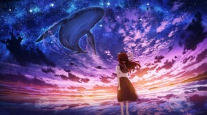 Anime Girls Flying Whales Rear View Starred Sky Standing In Water Water Sunset Sunset Glow Looking A 2191x1232 wallpaper