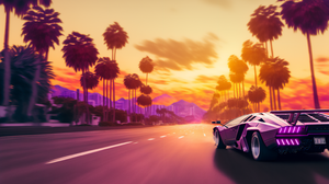 Ai Art Sunset Sports Car Lamborghini Synthwave Palm Trees Road Driving Fantasy Architecture Sunset G 3060x1721 Wallpaper