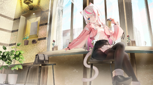 Original Characters Cat Girl Anime Girls Plants Cat Ears Cat Tail Hair Over One Eye Legs Crossed Two 1920x1080 Wallpaper