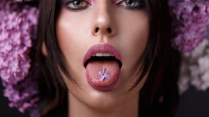 Women Model Brunette Closeup Face Portrait Tongue Out Bokeh Flowers Alexandr Chuprina 2560x1707 Wallpaper