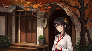 Ai Art Anime Girls Hanfu Maple Leaf House White Black Hair Leaves Looking At Viewer 3840x2160 Wallpaper