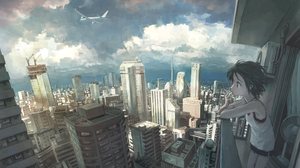Anime Girls Original Characters Smoking Cityscape Sky Clouds Aircraft Tokunaga Akimasa A320 2000x1270 wallpaper