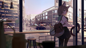 Anime Anime Girls Artwork Cat Girl Coffee House City Cat Ears Looking At Viewer Building Door Window 6300x2700 Wallpaper