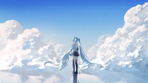 Anime Anime Girls Hatsune Miku Vocaloid Long Hair Twintails Sky Clouds Standing Blue Hair Looking Aw 2048x1218 Wallpaper