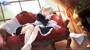 Sheffield Azur Lane Azur Lane Maid Outfit Anime Girls Sitting Couch Watermarked Logo One Eye Closed  2667x1500 Wallpaper