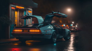 Science Fiction Ai Art Car Night Sports Car DeLorean Cyberpunk City Taillights Licence Plates 3641x2048 Wallpaper