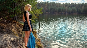 Women Model Blonde Short Hair Lake Trees Looking Away Sky 2560x1707 Wallpaper