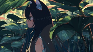 Animal Ears Blush Cat Girl Green Eyes Leaves Wet Profile Anime Girls Water Drops Looking Away Long H 3500x2111 Wallpaper