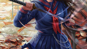 Mario Wibisono Drawing Women Asian Brunette Weapon Schoolgirl Katana Classroom School Uniform 1428x2028 Wallpaper