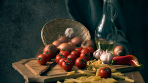 Food Noodles Tomatoes Vegetables Still Life Pasta Garlic Onions Red Pepper Olive Oil Jar Knife Cutti 2499x1731 Wallpaper