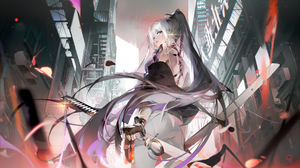 Path To Nowhere Anime Anime Girls White Hair Katana Low Angle Long Hair Ponytail 2500x1406 Wallpaper