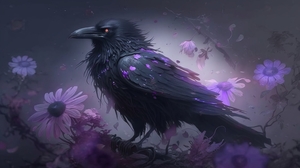 Ai Art Illustration Birds Animals Raven Purple Flowers Petals 4579x2616 wallpaper
