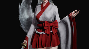 Ida Faber CGi Women Fox Girl Tail Ribbon Skirt Katana Eyeliner Black Background Simple Background We 1920x1920 Wallpaper