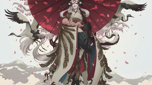 Mona Finden Illustration Women Geisha Goose Feathers Mountains Mantle White Hair Umbrella Petals Chi 1920x1322 Wallpaper