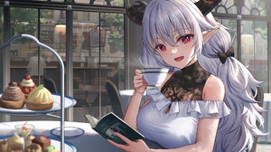 Anime Anime Girls Red Eyes Horns Long Hair Teapot Open Mouth Happy Pointy Ears Silver Hair Bare Shou 1963x1191 wallpaper