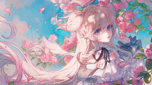 Anime Anime Girls Flowers Petals Sky Clouds Ribbons Red Nails Looking At Viewer Crown Belt Roses Vir 2560x1440 Wallpaper