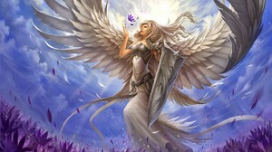 Angel Angel Warrior Fantasy Flower Girl Long Hair Purple Flower Shield White Hair Wings Woman 1920x1280 Wallpaper