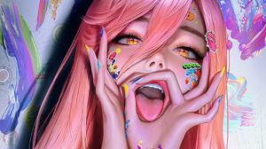 Chen Wang Drawing Women Pink Hair Colorful Tongue Out Body Paint Horns Hand Gesture Open Mouth Anime 1063x1621 Wallpaper