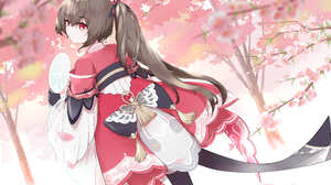Anime Girls Lingyuan Cherry Trees Fans Red Eyes 4960x3507 wallpaper