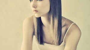 Women Model Blue Eyes Long Hair Brunette Simple Background White Tops Straight Hair 1600x1600 Wallpaper