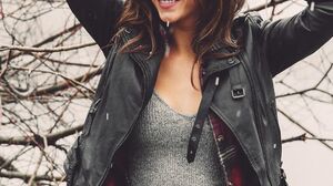 Model Women Celebrity Leather Jackets Brunette Grey Tops Shirt Hand On Head Arms Behind Head Smiling 1080x1350 Wallpaper