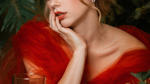Nastasya Parshina Women Blonde Dress Makeup Red Clothing Glass Wine Plants Elizaveta Podosetnikova 853x1280 wallpaper