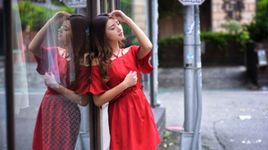 Asian Model Women Dark Hair Long Hair Red Dress Leaning Window Bushes Depth Of Field 4562x3045 Wallpaper