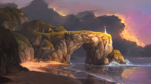 Digital Art Artwork Illustration Environment Nature Landscape Clouds Cliff Beach Sea Rock Formation  3000x1573 Wallpaper