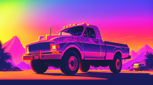 Truck Retrowave Digital Art Ai Art Vaporwave Mountains Vehicle Colorful Front Angle View 3072x2048 Wallpaper