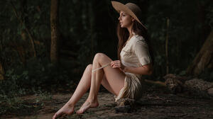 Andrey Frolov Women Tatiana Vanyasheva Hat Brown Clothing Profile Barefoot Nature Forest Model Legs  2048x1213 Wallpaper