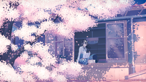 Anime Anime Girls Flowers Petals Cherry Trees Blue Eyes Window Sitting 3400x1913 Wallpaper
