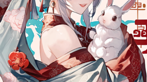 Anime Anime Girls Vertical Flower In Hair Rabbits Animals Kimono Looking At Viewer Blushing Bunny Ea 1024x2048 Wallpaper