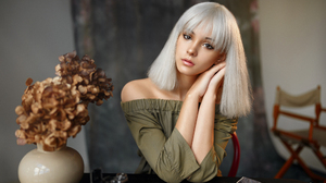 Ivan Kovalyov Women Silver Hair Shoulder Length Hair Bangs Looking At Viewer Bare Shoulders Portrait 2000x1333 Wallpaper