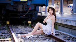 Asian Model Women Long Hair Dark Hair White High Heels Sitting Railway Train Train Station Straw Hat 4562x3041 Wallpaper