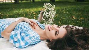 Anton Harisov Model Women Brown Eyes Dress Flowers Smiling Field Grass Brunette 2000x1125 Wallpaper