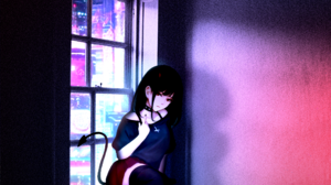 Daniel Radosa Anime Girls Devil Girl Window Blue Pink Anime Demon Tail Tail 2000x2000 Wallpaper