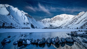 Lake Mountain Reflection Sky Snow Stars Stone 2880x1920 Wallpaper