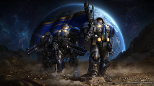 StarCraft PC Gaming Terrans Science Fiction Weapon Soldier Armor Shaved Head Planet Stars Starscape  1920x1080 Wallpaper