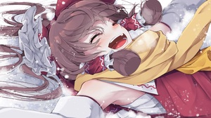 Anime Anime Girls Fall Dommmmmer Artwork Touhou Hakurei Reimu Brunette Happy Open Mouth Japanese Clo 4096x2155 Wallpaper