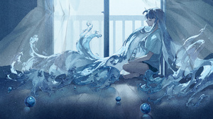 Anime Pixiv Anime Girls Water Closed Eyes Drink Long Hair Window Curtains Feet Foot Sole 1536x864 Wallpaper