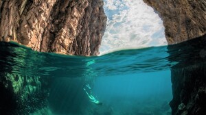 Sea Underwater Cave Scuba Diver 1920x1080 wallpaper