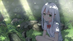 Anime Girls Artwork White Hair Green Eyes Summer Sad Leaves Nature Grass Sunlight Bow Tie Looking At 2880x1620 Wallpaper