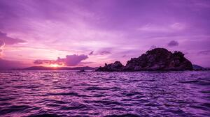 Sunset Purple Background Sea Water 5120x2880 Wallpaper