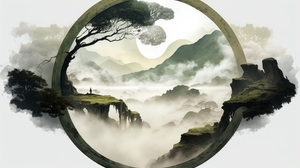 Ai Art Illustration Circle Clouds Nature Mountains 4579x2616 Wallpaper