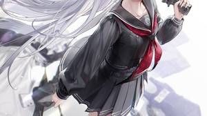 Anime Anime Girls Gun Schoolgirl School Uniform White Hair Heterochromia 1500x2086 Wallpaper