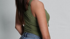 Women Hair Green Top Shorts Standing Jean Shorts Studio Brunette Red Lipstick Smiling Looking Over S 900x1298 Wallpaper