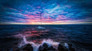 Boat Horizon Ocean Rock Sailboat Sea Sky Sunset Vehicle Wave 2048x1367 Wallpaper