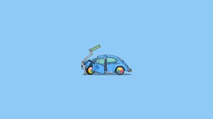 Illustration Blue Background Crash Volkswagen Beetle Minimalism Cyan Cyan Background 2560x1440 Wallpaper