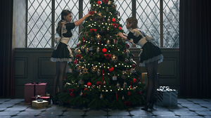 Christmas Tree Christmas Presents Maid Maid Outfit CGi Lou LL Christmas 3840x2160 Wallpaper