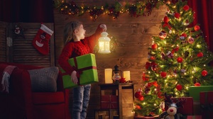 Christmas Christmas Lights Christmas Tree Gift Little Girl 2560x1912 Wallpaper
